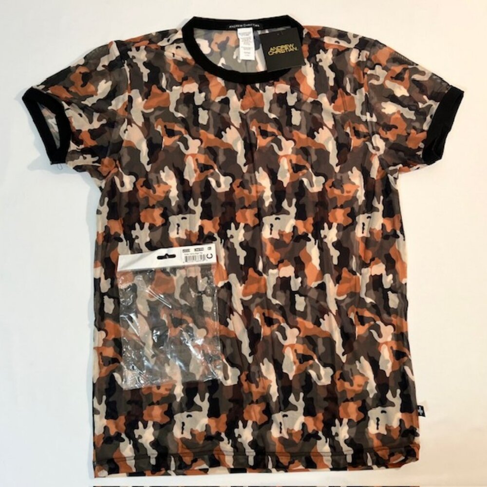 Andrew Christian - Size XL Athletic Sheer Camouflage T-Shirt Khaki Camo/Black